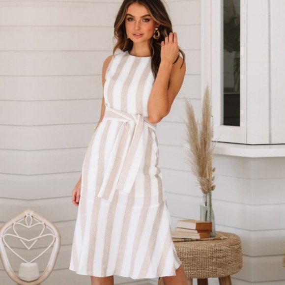 Sail Away Beige and White Striped Midi Dress - Picture 4 of 7